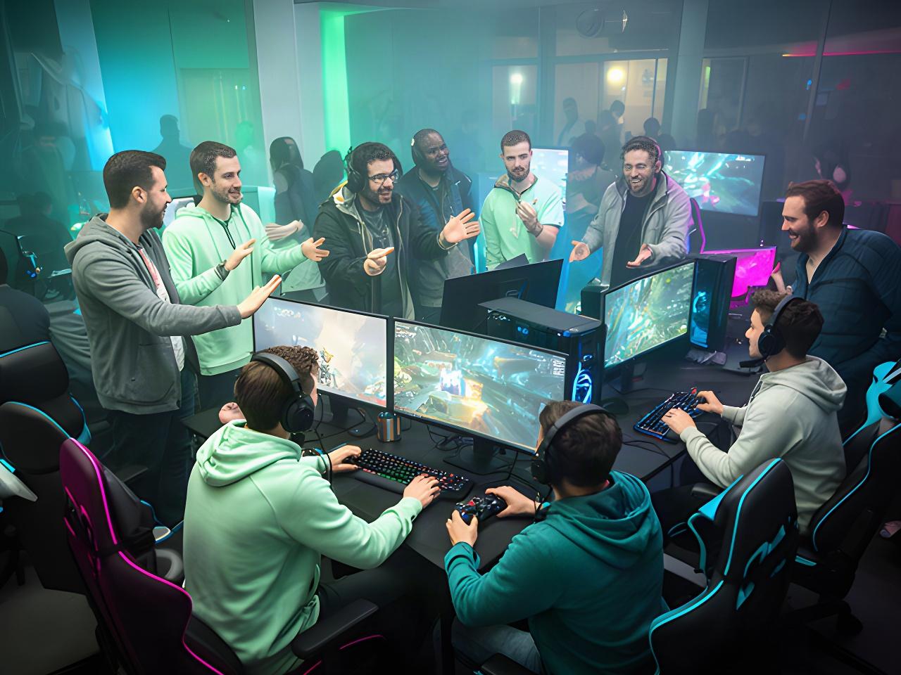 Players gathered around gaming stations at a community event, comparing match results between rounds