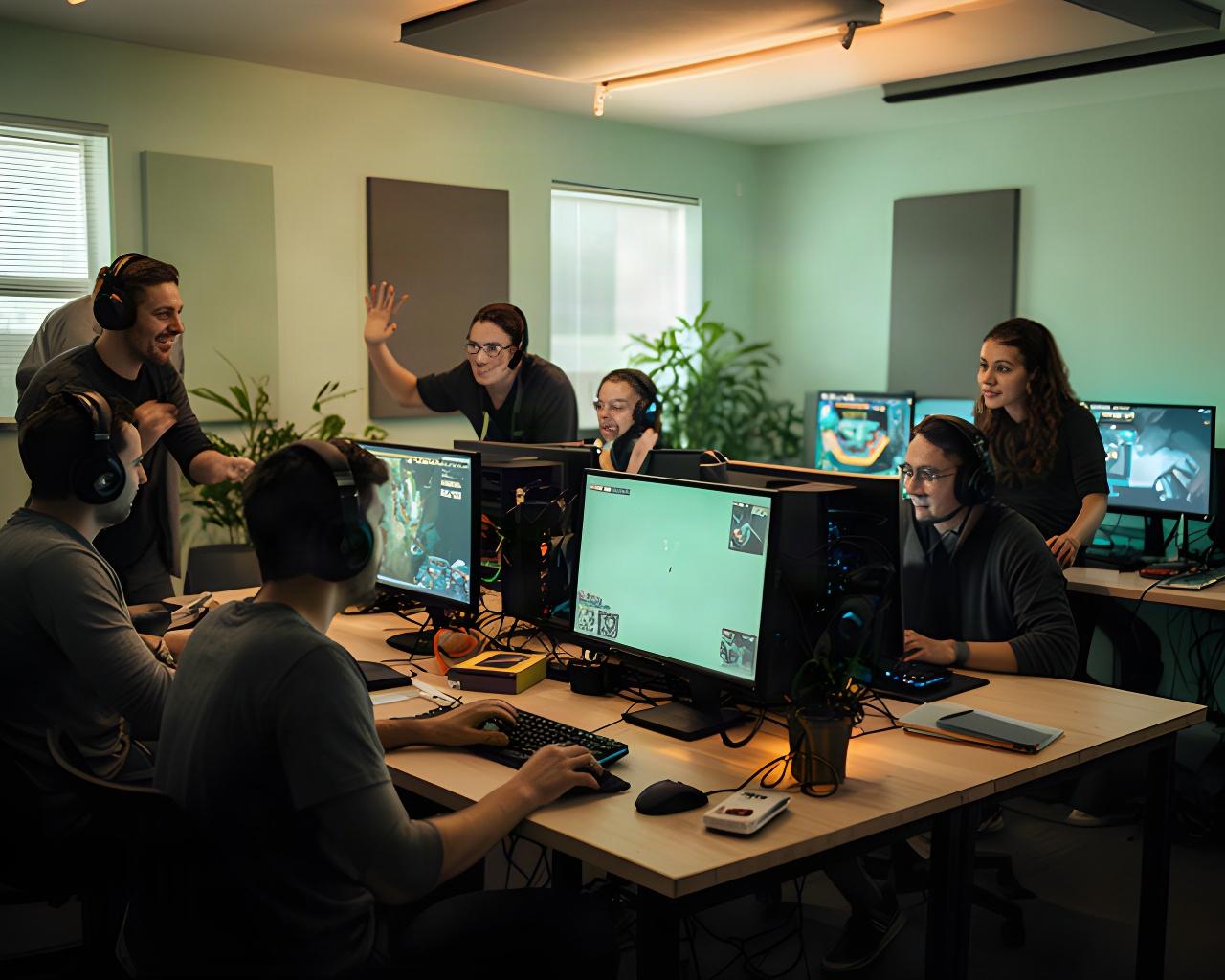 Game developers testing a multiplayer build at workstations in a Boise playtest room