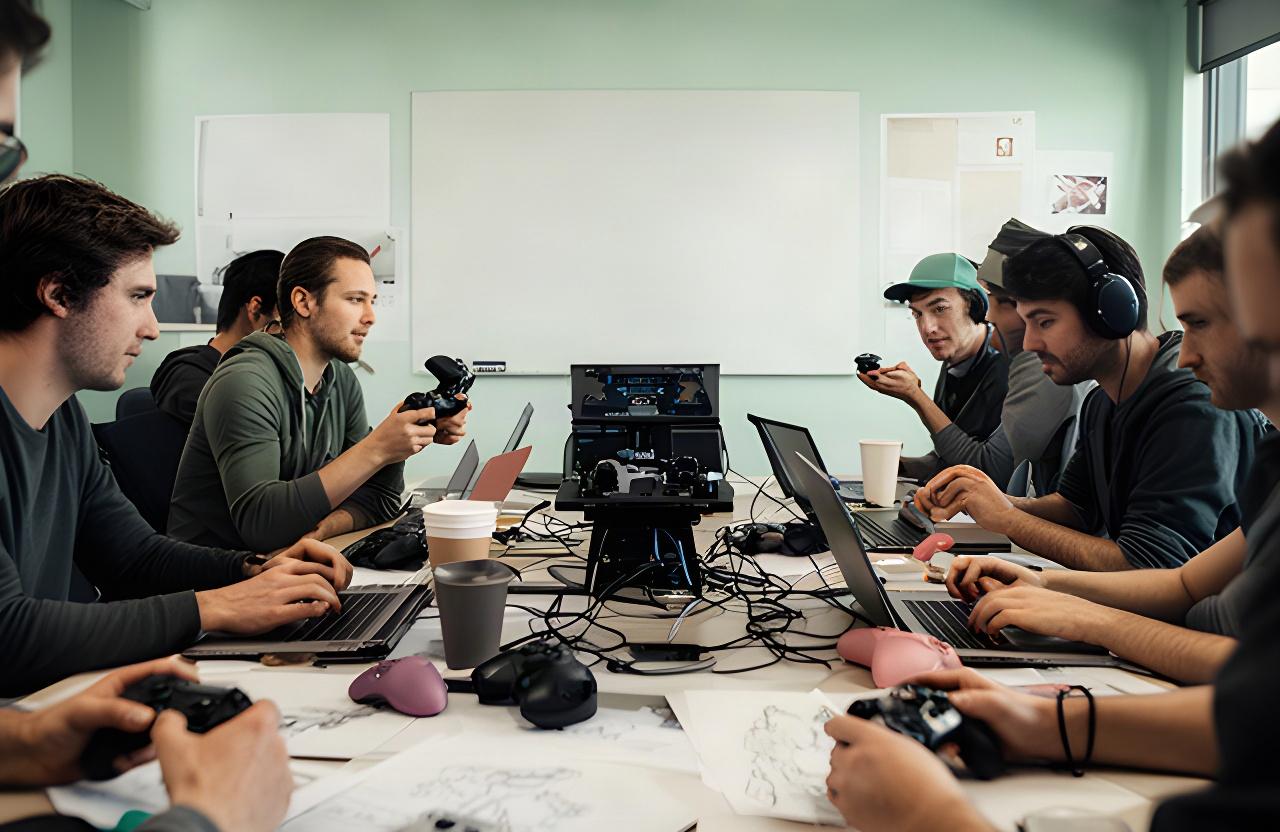 Designers and engineers testing a multiplayer prototype together around a studio table