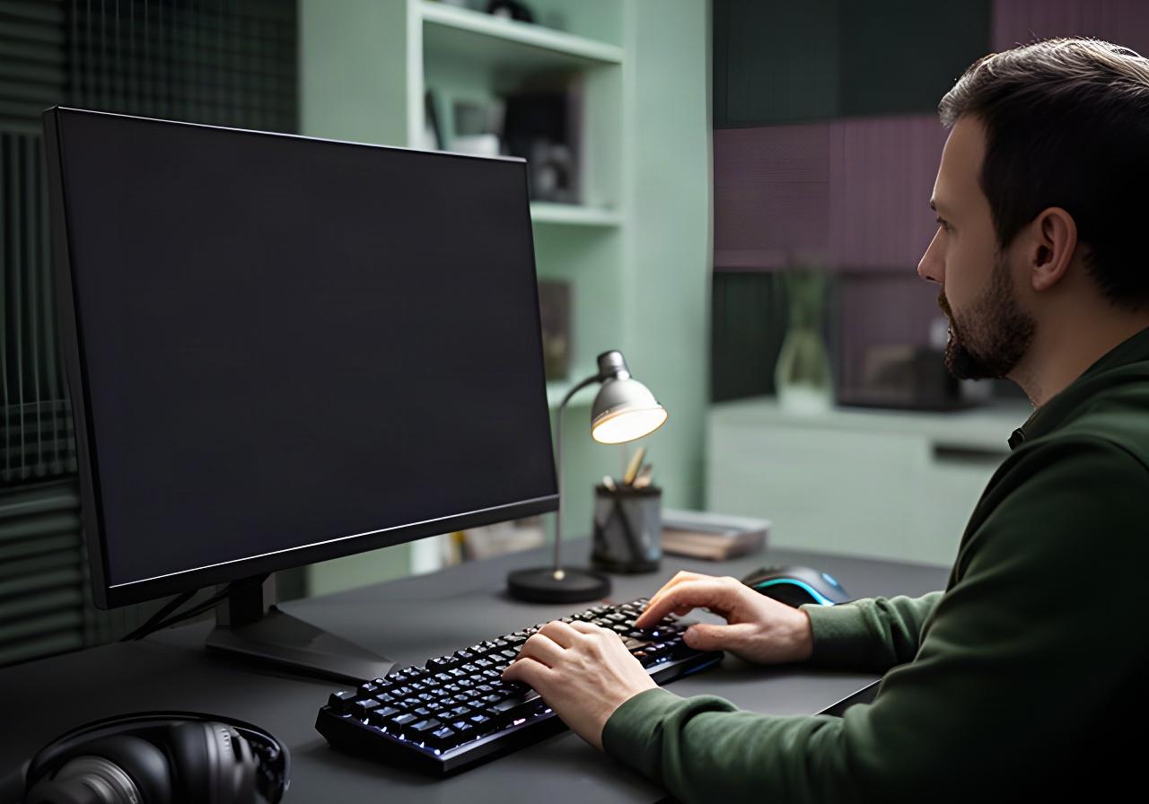 Player reviewing game rules at a desk with a keyboard and monitor in a home gaming room