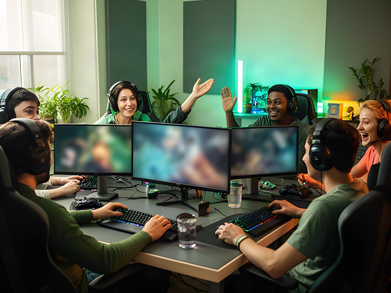 Small gaming group taking part in a team-hosted play session, with players coordinating across several screens